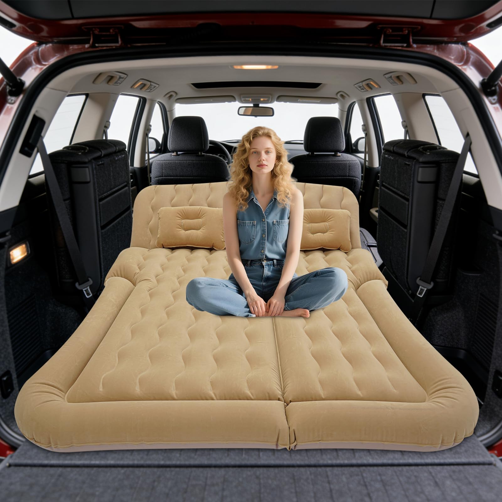 Matelas gonflable pour siège arrière de voiture, amovible, portable, matelas gonflable multifonction avec 2 coussins et pompe à air électrique (beige) pour camping, voyage, extérieur, SUV