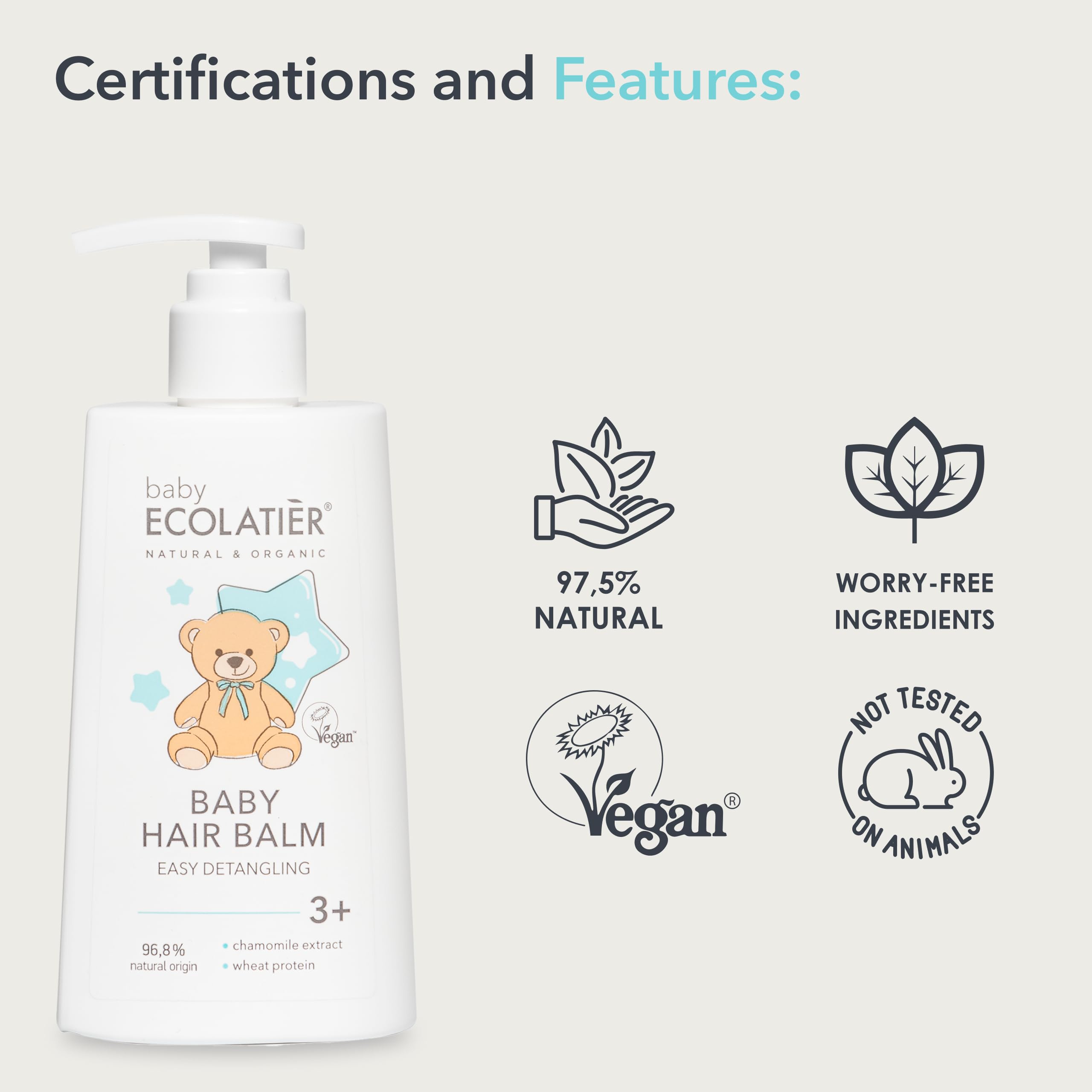 ECOLATIER Baume nourrissant pour cheveux bébé 250 ml camomille protéines de blé 96,8% naturel végétalien