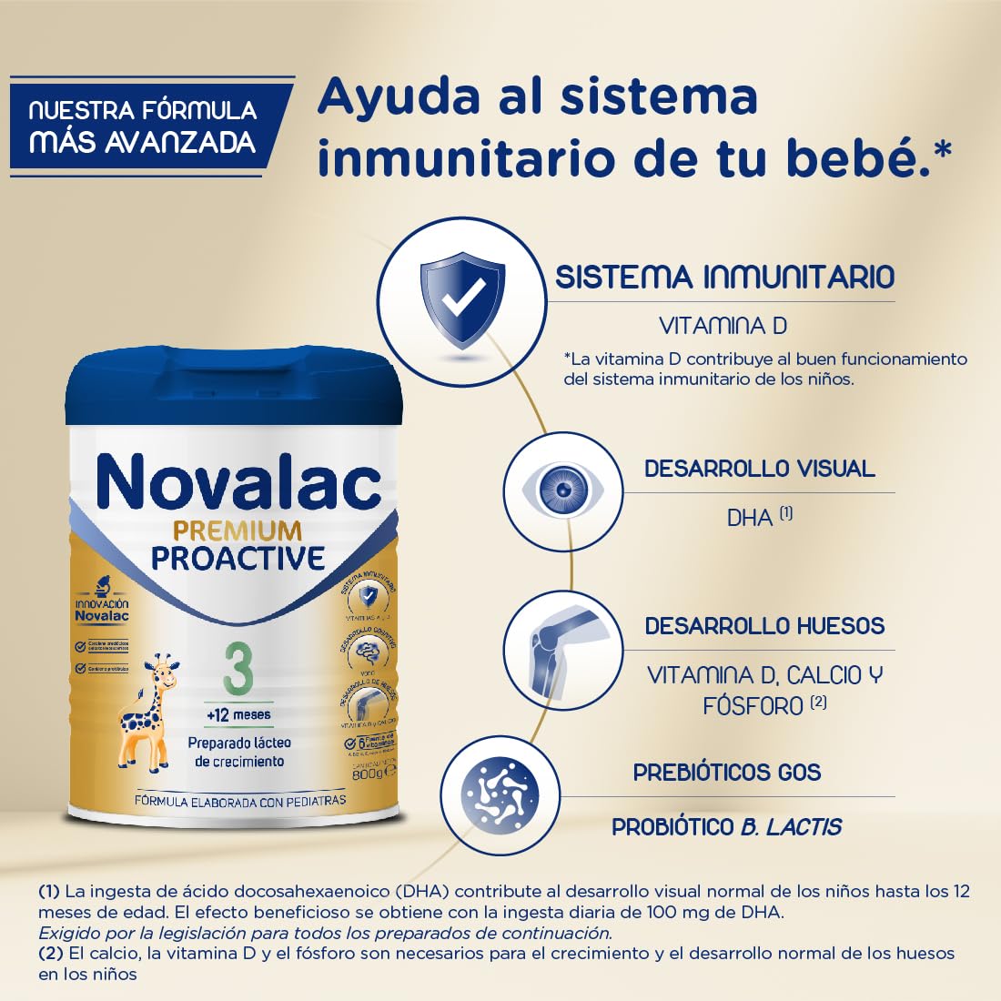 Novalac Premium Proactive 3 Leche de Continuación 1-3 Años. Contribuye al Desarrollo Normal y del sistema inmunitario del Bebé. Fórmula Elaborada con Pediatras rica en Calcio, Yodo, ViT A y D - 800 g