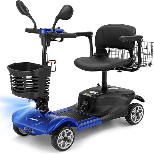 WheelWavi 4 Wheel Compact Mobility Scooter,Foldable Electric Scooter for Seniors and Adults, Heavy Duty Travel Model with Lights, Basket, and Long-Lasting Battery (Blue)