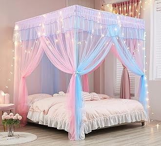 Mengersi Rainbow Canopy Bed Curtains with Lights - Princess Bed Canopy for Girls - Bed Drapes Netting- Bedroom Decoration Accessories,King