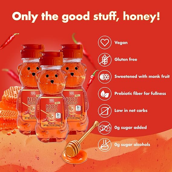 ChocZero Sugar Free Hot Honey, Sweet & Spicy Honey Replacement with Chili Peppers, No Sugar Alcohols, Keto, Low Carb, High Fiber, Vegan, 10.5 oz Bottle