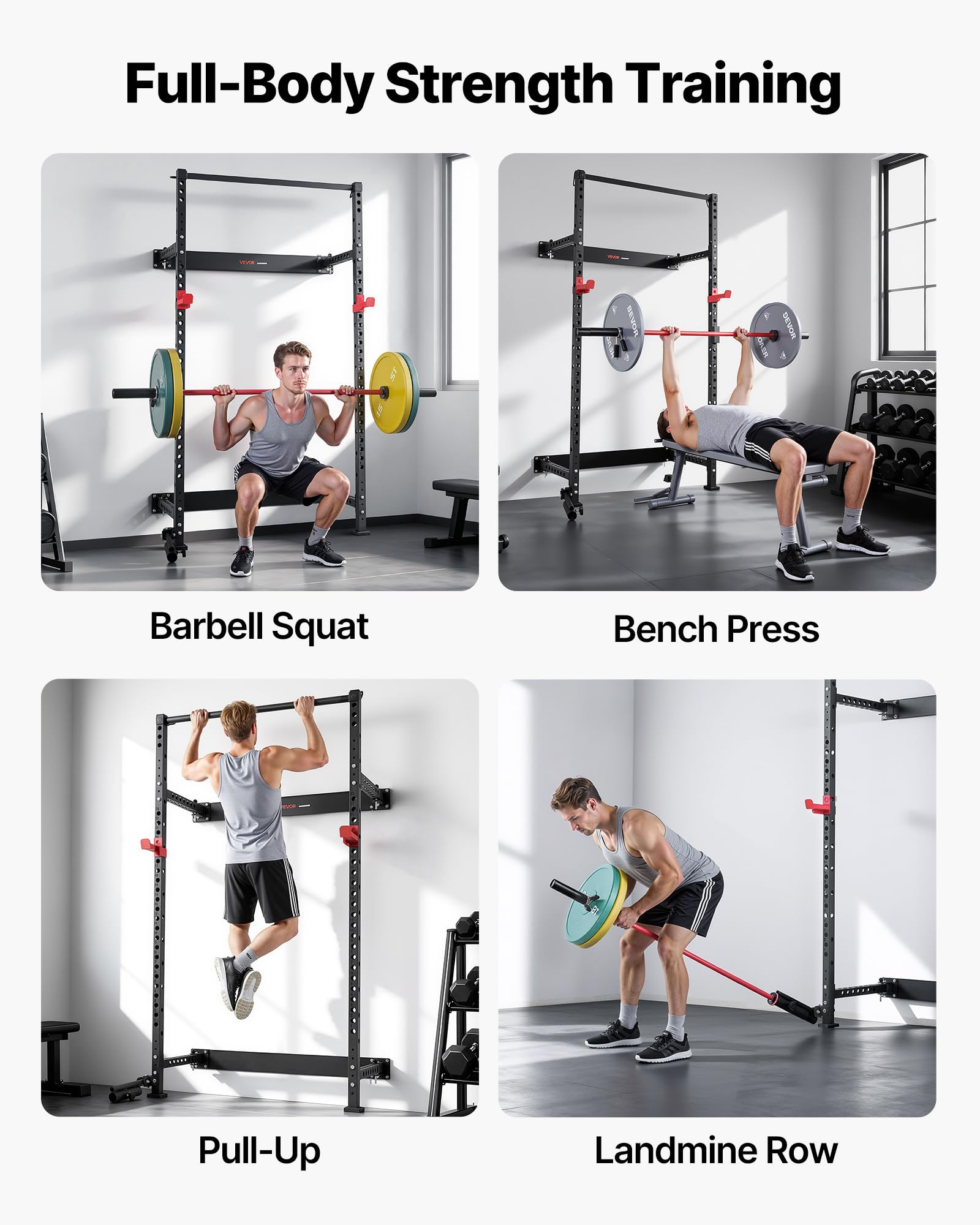 VEVOR Power Cage Klappbar 454 kg Belastbar, Wandmontiertes Power Rack, Multifunktionales Krafttrainingsgerät mit Landminenbefestigung & verstellbaren J-Haken & Klimmzugstange für Heimfitnessstudio