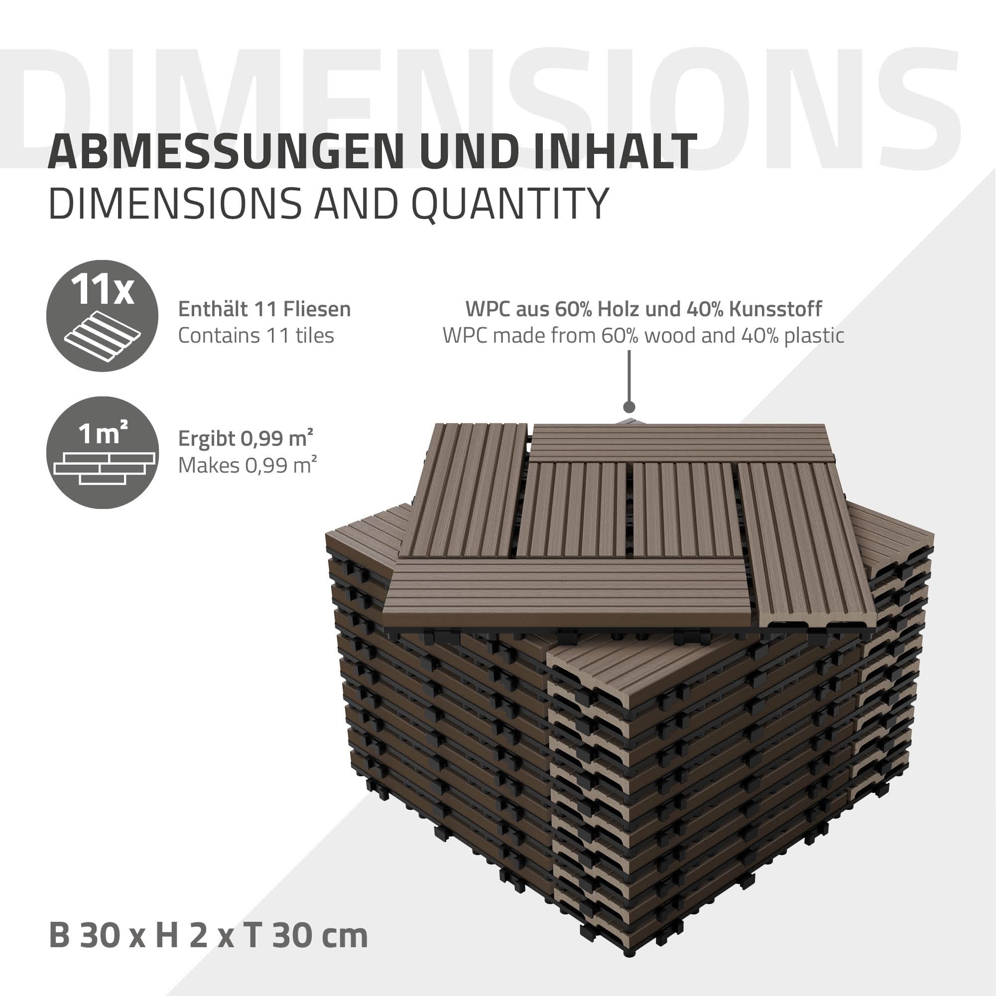 ECD Germany Plytki Tarasowe WPC 30x30 cm 22 Szt 2m² Ciemnobrazowy Mozaika o Wygladzie Drewna Podloga z Systemem Click i Drenazem Panele Tarasowe na Balkon i Ogród Latwy Montaz Odporne na Warunki
