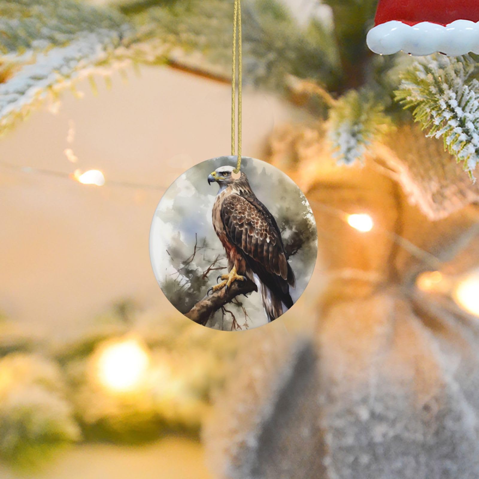 2025 Christmas Tree Decoration Hanging Round Ornament Watercolor of Hawk Sitting in The Tree Ceramic Ornaments Christmas Tree Decorations Round Pendants for Xmas Tree Winter New Year Party Supplies
