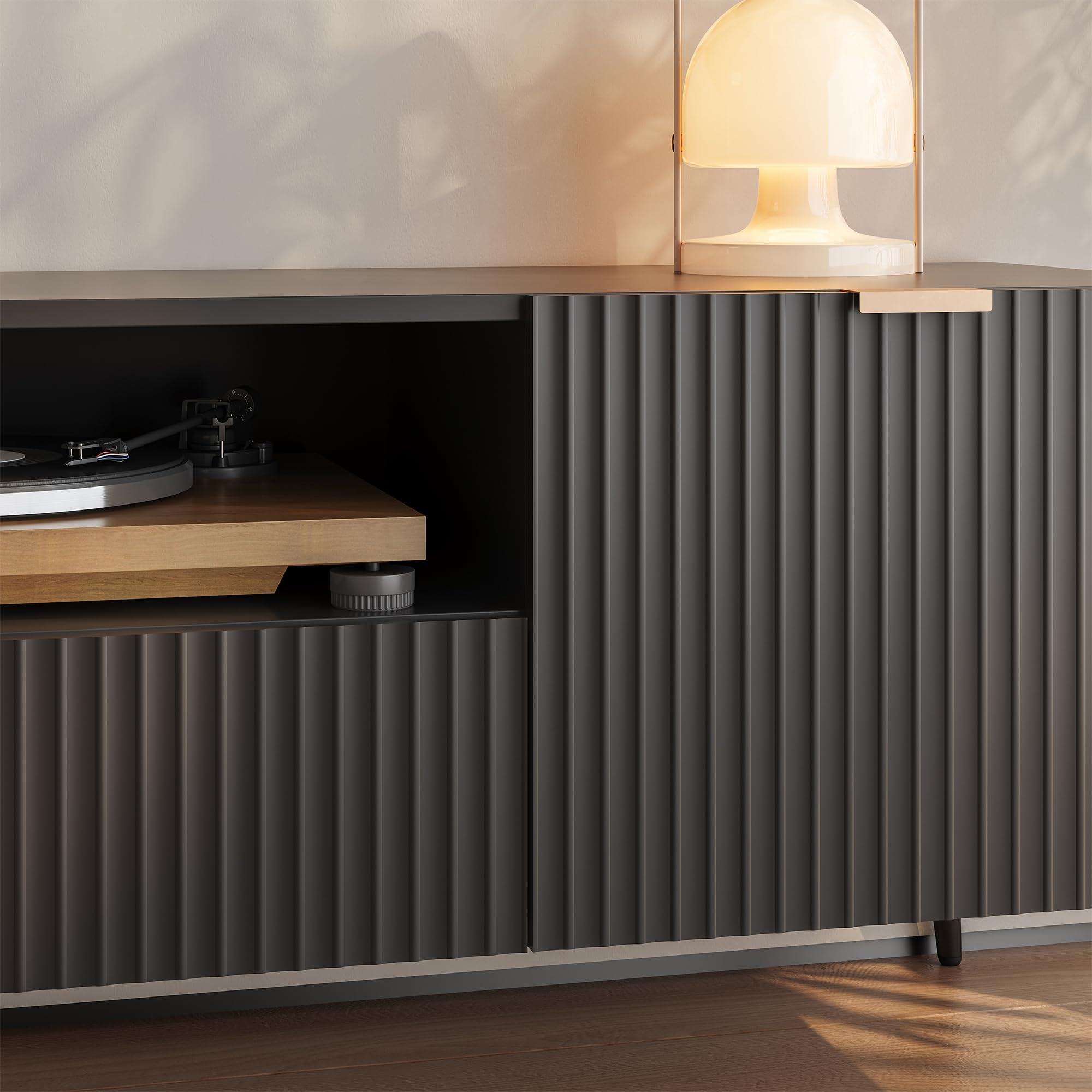 [en.casa] TV Schrank Nand Lowboard mit 2 Türen geriffelt Fernsehschrank mit Schublade 160 x 40 x 51 cm Sideboard Kommode Fernsehtisch Schwarz
