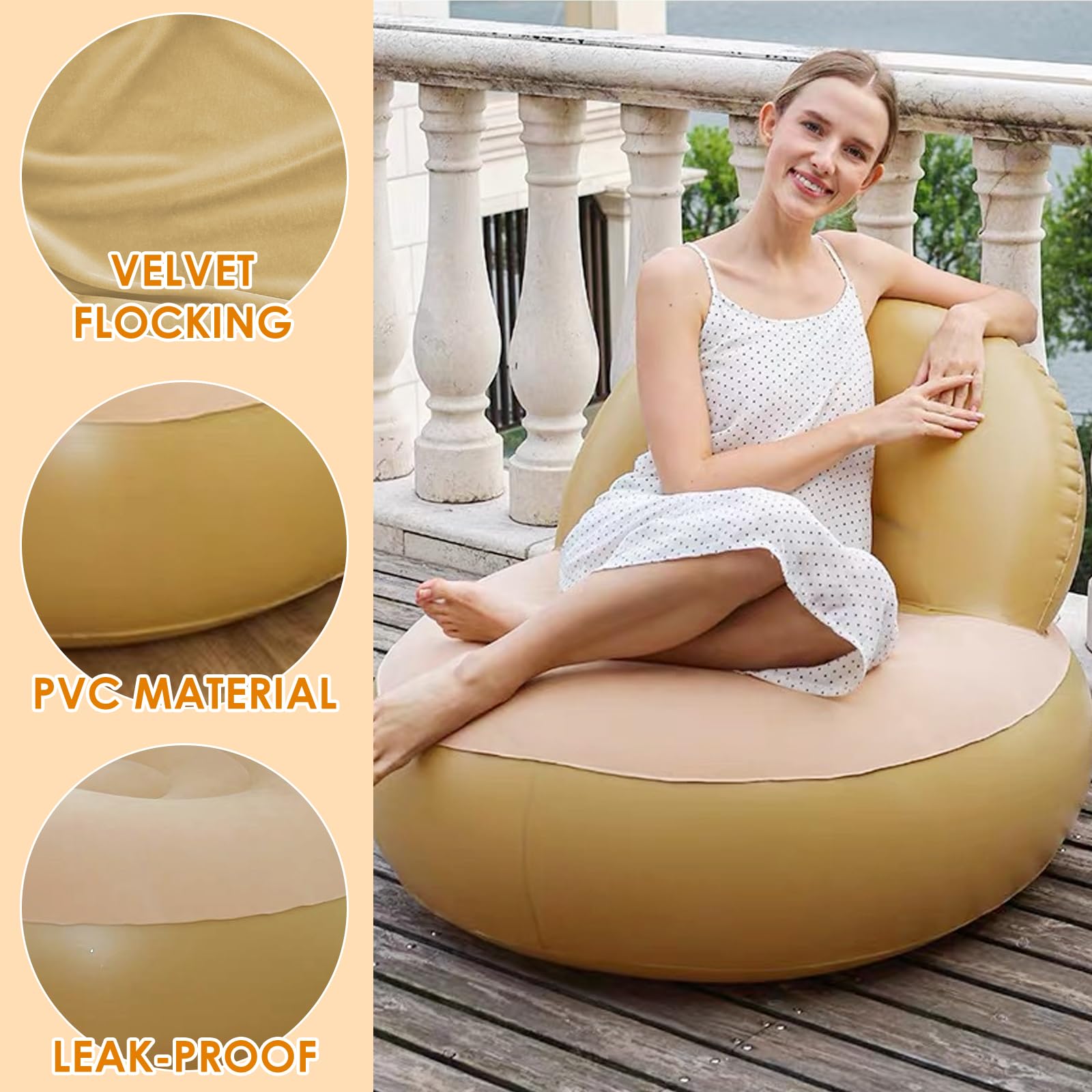 Sofá de Aire, Sillón Hinchable Portátil con Flocado, Tumbona Inflable con Reposapiés, Puf Exterior, Sillón de Piscina, Airlounge, para Camping, Hogar(Cúrcuma) | Sillón inflable
