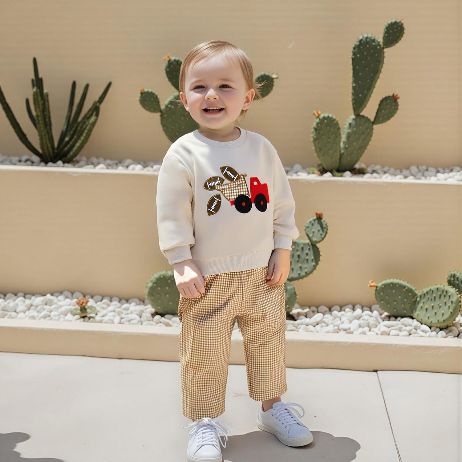 Kuriozud Toddler Baby Boy Spring Fall Winter Clothes Outfit Embroidery Sweatshirt Tops Pants Set 6 12 18 24Months 2t 3t 4t Football Khaki 6-12 Months image 2 of 8 B0FBW947VX