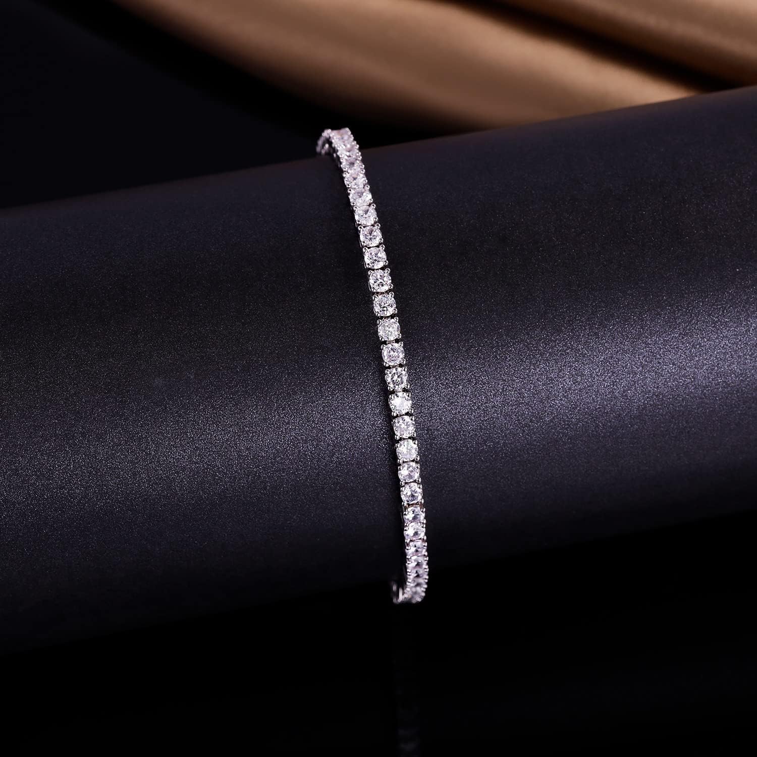 Gemsme Silver Moissanite Tennis Bracelet,18K White Gold Plated 3mm Round Moissanite Tennis Bracelet 6.5-8.5 Inch - Image 4