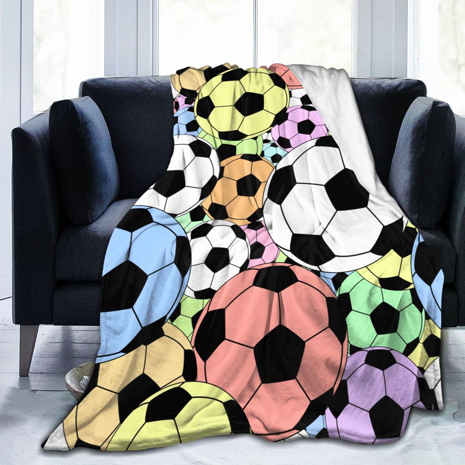 Colorful Football Soccer Ball Pattern Throw Blanket Soft Bed Bedding Warm Cozy Plush Flannel Fleece Blankets Gifts for Kids Boys Teens, Sofa Couch