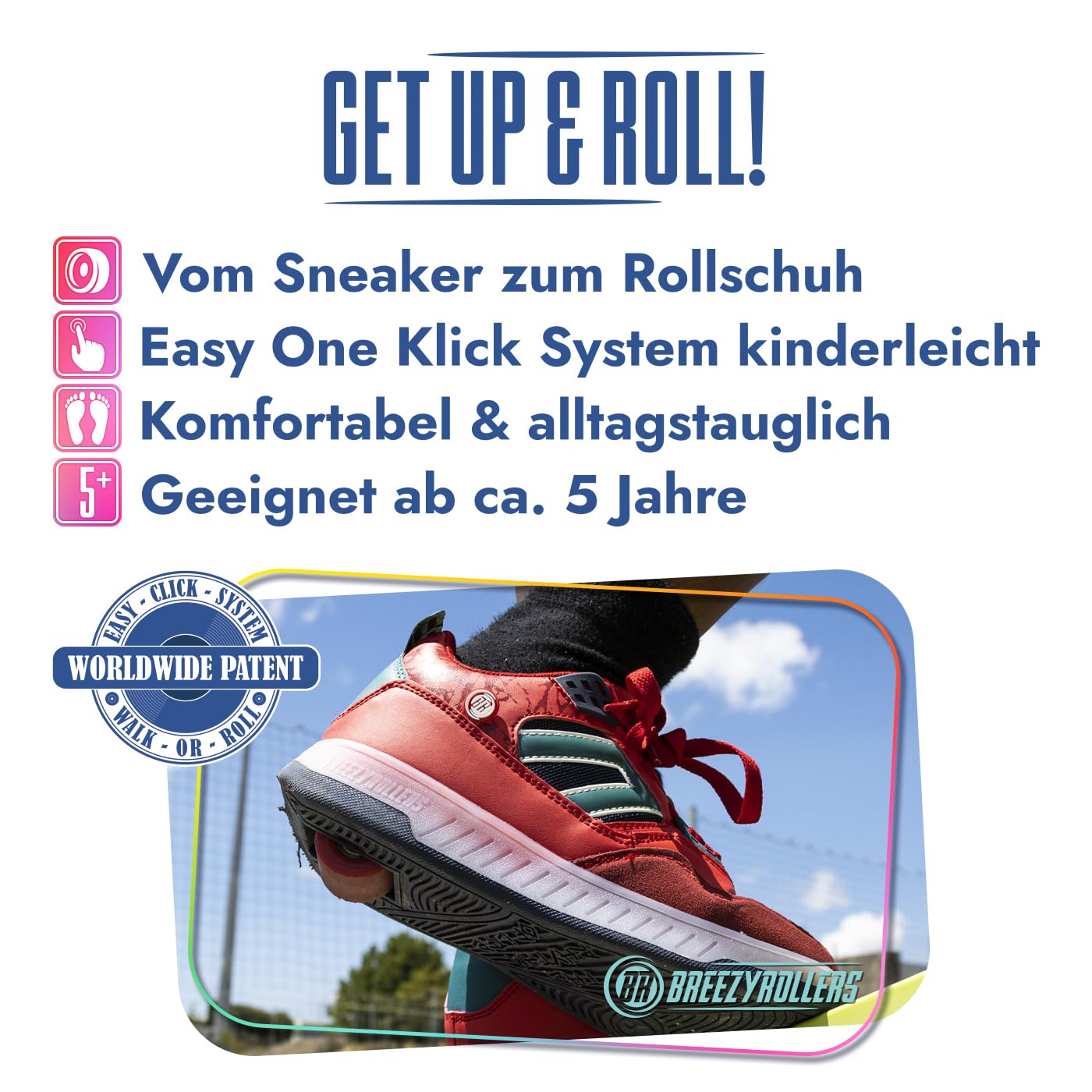 BREEZY ROLLERS Zapatos con ruedas LED para niños I Zapatos LED con ruedas I Zapatos de carretera para patines en pocos segundos I Sistema de clic patentado I Zapatos luminosos con ruedas para niñas y