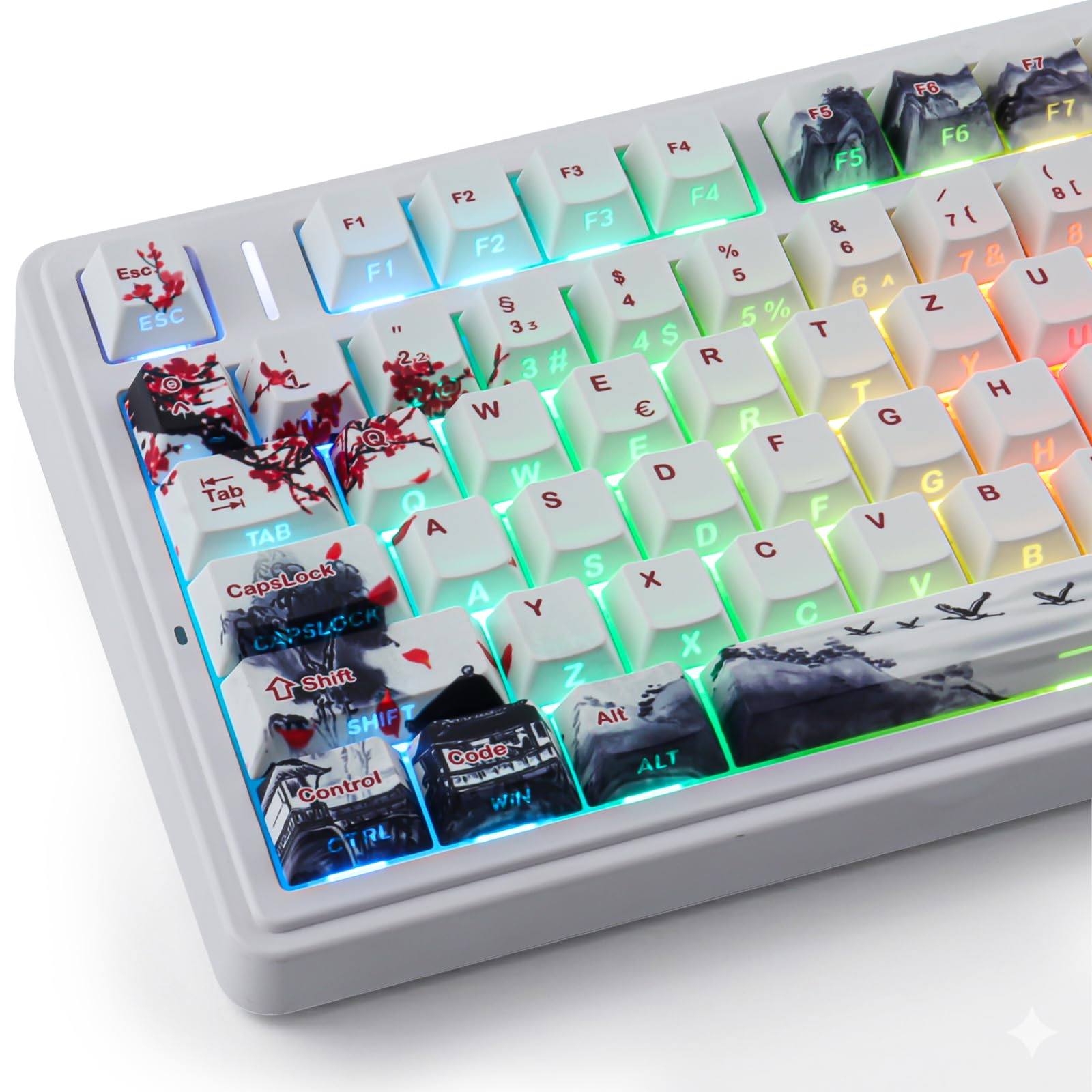 PBT German Keycaps, 133 Keys Double Shot Landscape Plum Blossom Keycaps Dye-Sub Cherry Profile Side Printed Shine Through Keycap for Cherry MX Switch ISO QWERTZ Layout Mechanical Keyboards