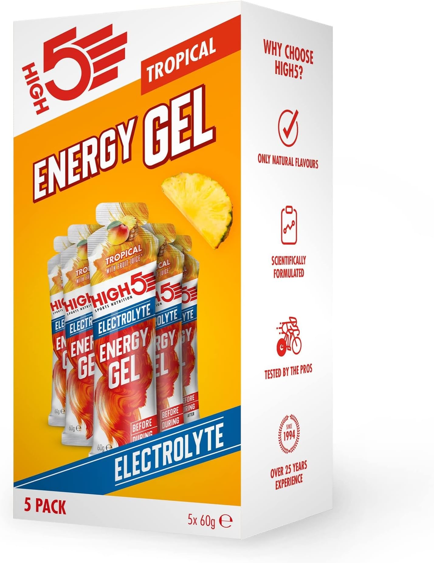 Energy Gels with Electrolytes - Quick Release Sports Gels for Peak Performance - Natural Fruit Juice & Caffeine-Free - Energy Boost for Running, Cycling, Endurance (Tropical, 5 x 60g)