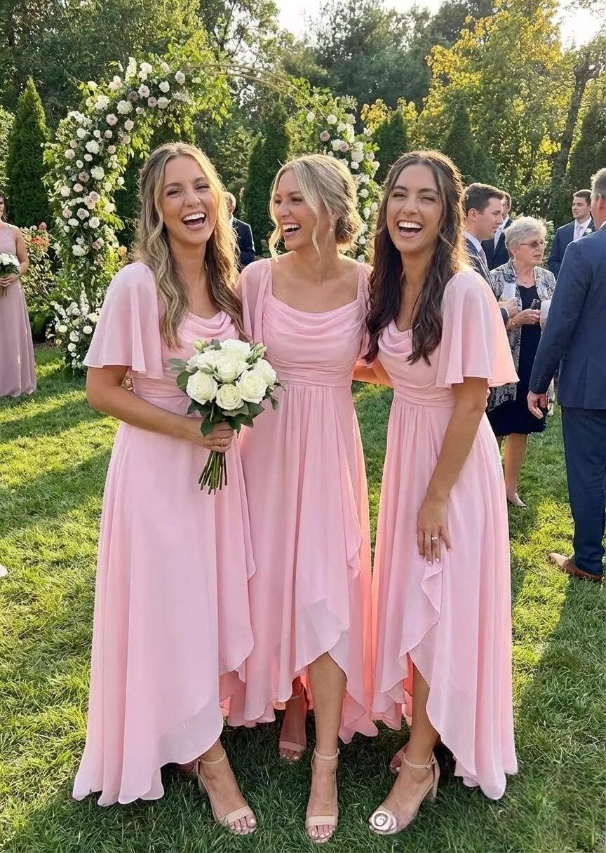 Chiffon A Line Bridesmaid Dresses for Women Flutter Sleeve Long Formal Evening Dress with Slit - Image 3