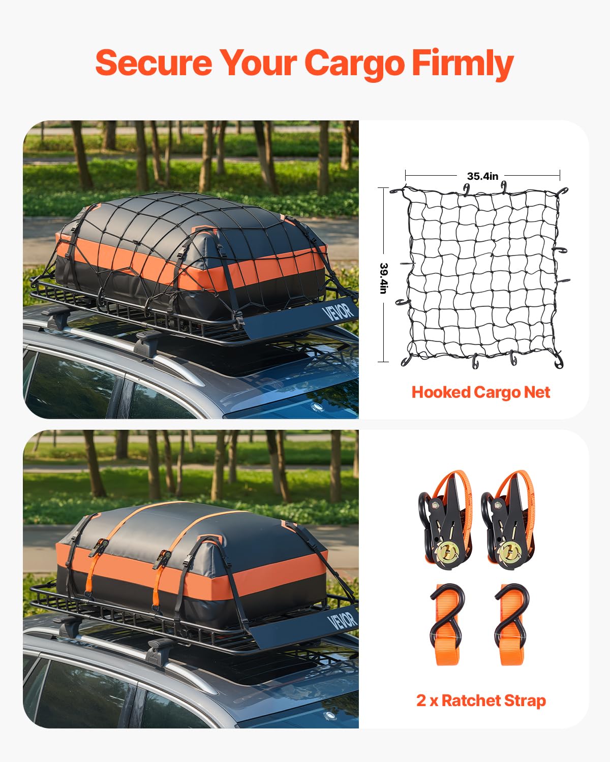 VEVOR Cesta para Portaequipajes de Techo 162,5x99x10,5 cm Soporte de Equipajes Universal con Bolsa de Carga 112x87x26 cm Correas de Trinquete Carga Máxima de 113,4 kg para SUV, Camión, Coche