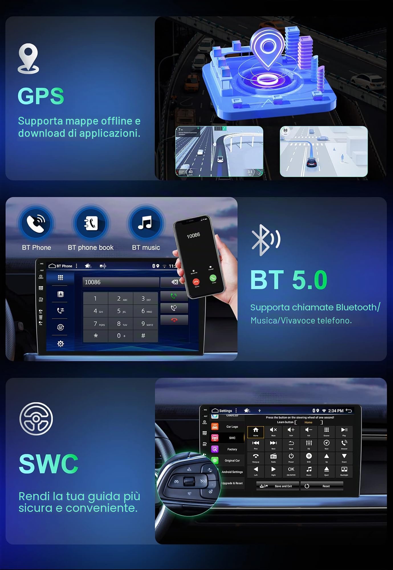 8 GB + 256 GB 2 DIN 9 pollici IPS Schermo Android Autoradio Autoradio Carplay Navigazione GPS Android Auto MirrorLink RDS Telecamera posteriore gratuita + Microfono