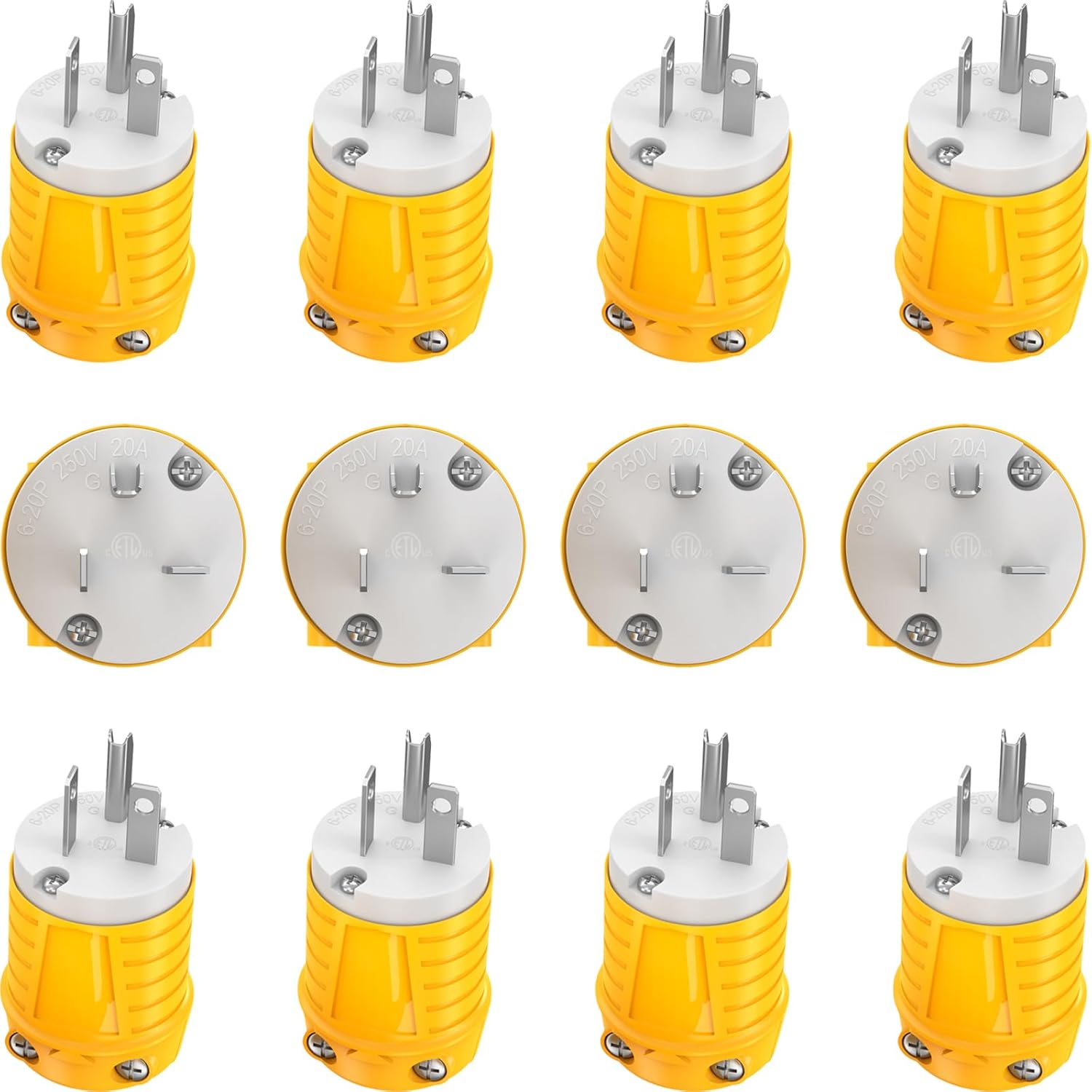 12-Pack 20 Amp 220V Plugs Electrical Male Plugs Extension Cord Ends Drop Cord Caps Replacement NEMA 6-20P 240 Volt AC Connectors Yellow ETL Listed