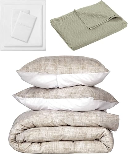 Nate Home mDesign by Nate Berkus Textured Duvet Set Percale Sheets Throw Blanket from mDesign, FullQueen Size, Beige Duvet Cover, Shams, White