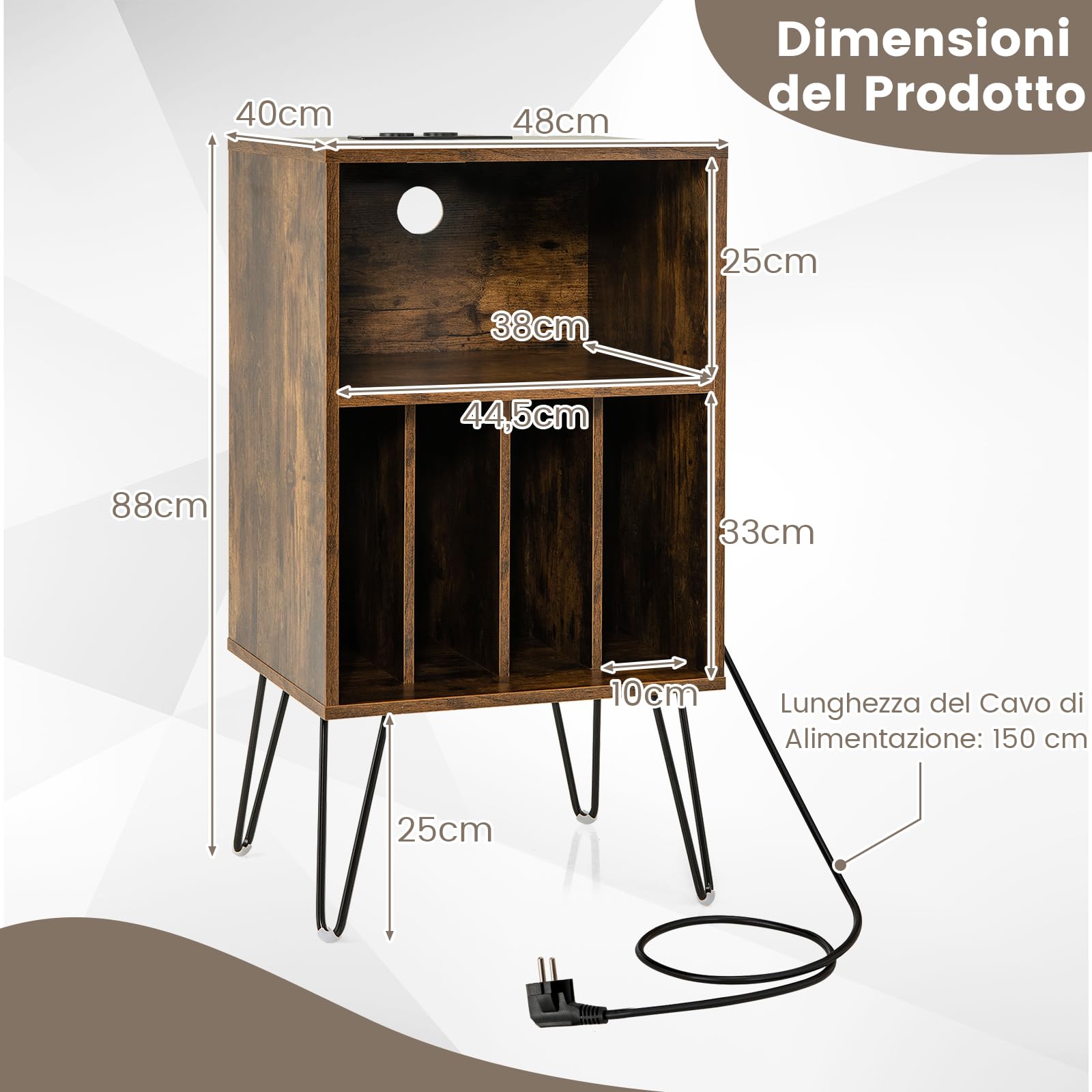 GYMAX Mobile Porta Giradischi, Scaffale a 3 Livelli con 5 Scomparti di Archiviazione, Stazione di Ricarica e Gambe in Metallo Robuste, Tavolino per Soggiorno Camera da Letto (Marrone Scuro)
