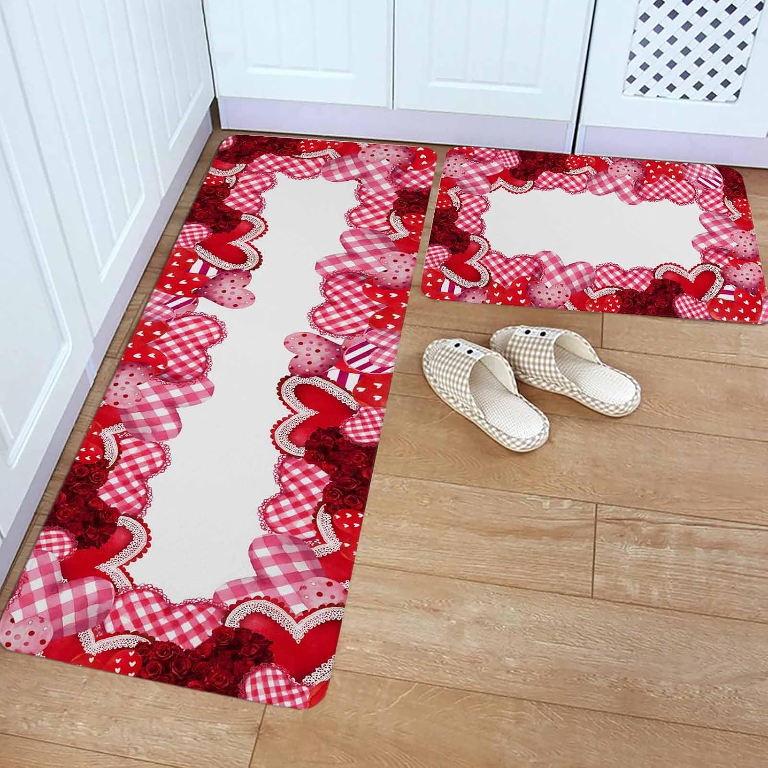 Valentine's Day Kitchen Rugs and Mats Set of 2, Non-Slip Kitchen Sink Mat, Pink Buffalo Plaid Love Hearts Roses Washable Doormat Bathroom Rugs Runner for Bedroom/Living Room 17.7"x30"+17.7"x47.2"