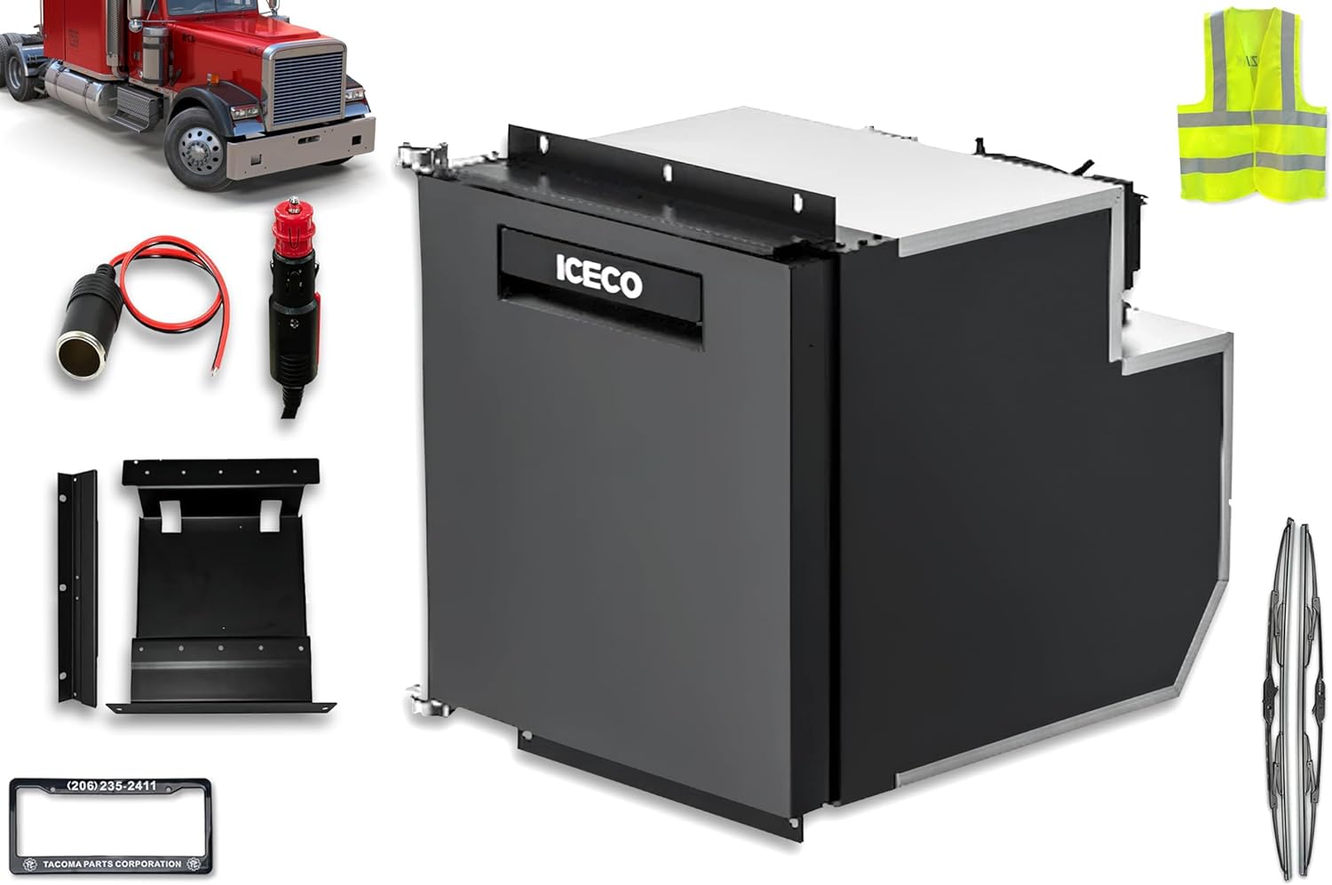 KOZAK Heavy-duty Truck Built-in Fridge (65L) TCD65A For Most Compatible with Classic models PLUS Logo 2x 22 Windshield Wipers, License Plate Frame and Vest