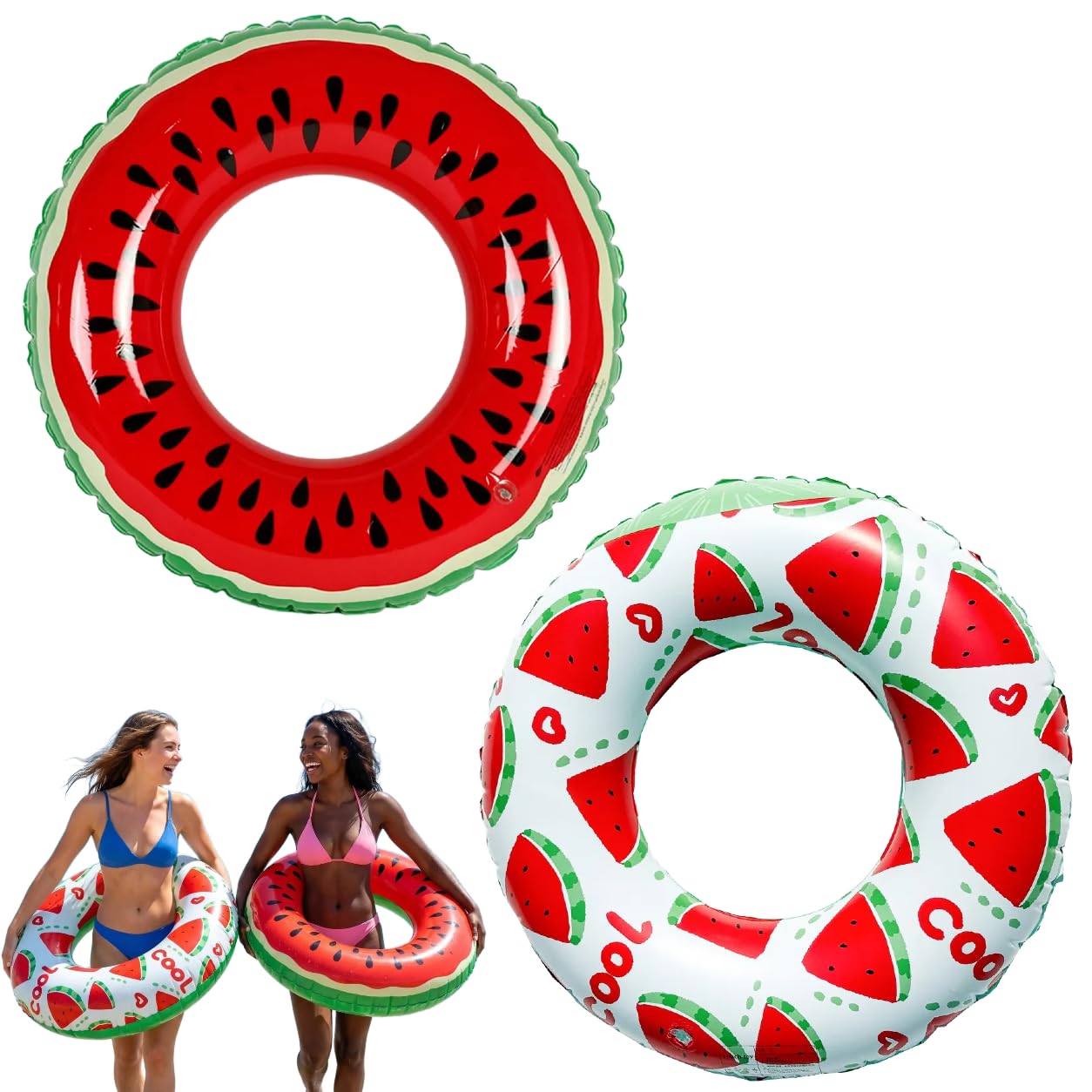 Satiskid 2 Pcs Inflatable Swimming Rings, Watermelon Swim Ring, PVC Fruit Pool Floats, Summer Beach Pool Toys for Adults Family, Fun Water Tube for Swimming Pool Lake Ocean