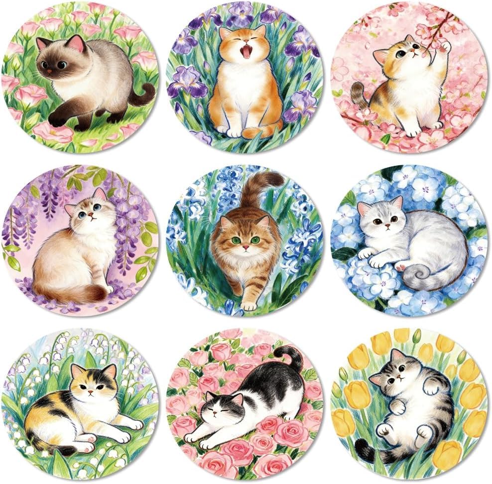 Coasters Set of 9 Cat Updates and Flowers Pattern Colorful Wooden Coasters Round Housewarming for New Home, 3.9" Decorative Coffee Table for Farmhouse Bar House Decor-image-10