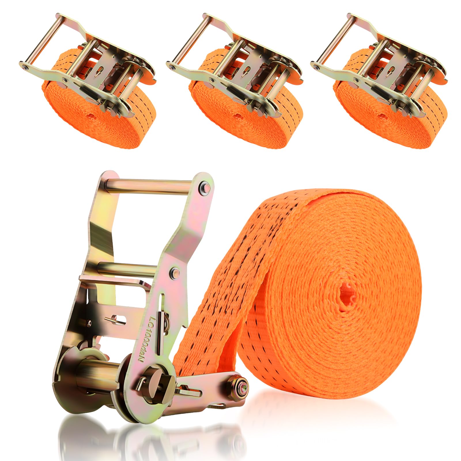 GEARMONSTER Lot de 4 sangles à cliquet, 4 m de long, 35 mm de large, sangles de serrage, capacité de charge 2000 daN, courroie de fixation pour voiture, brouette, moto, bagages, camping, charge fixe
