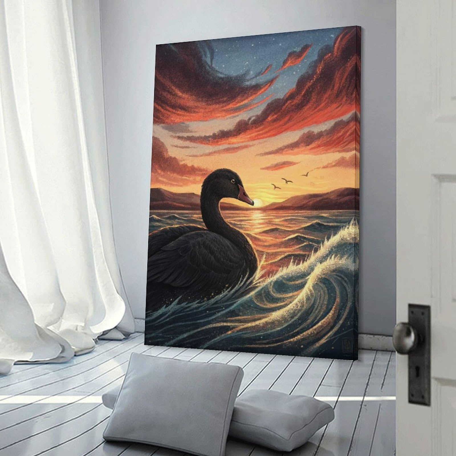 Black Swan at Sunset Hanging Wall Art 24x36inch(60x90cm), for New Homes, Bedrooms Or Workspaces, Thoughtful Wall Decor for Art Lovers