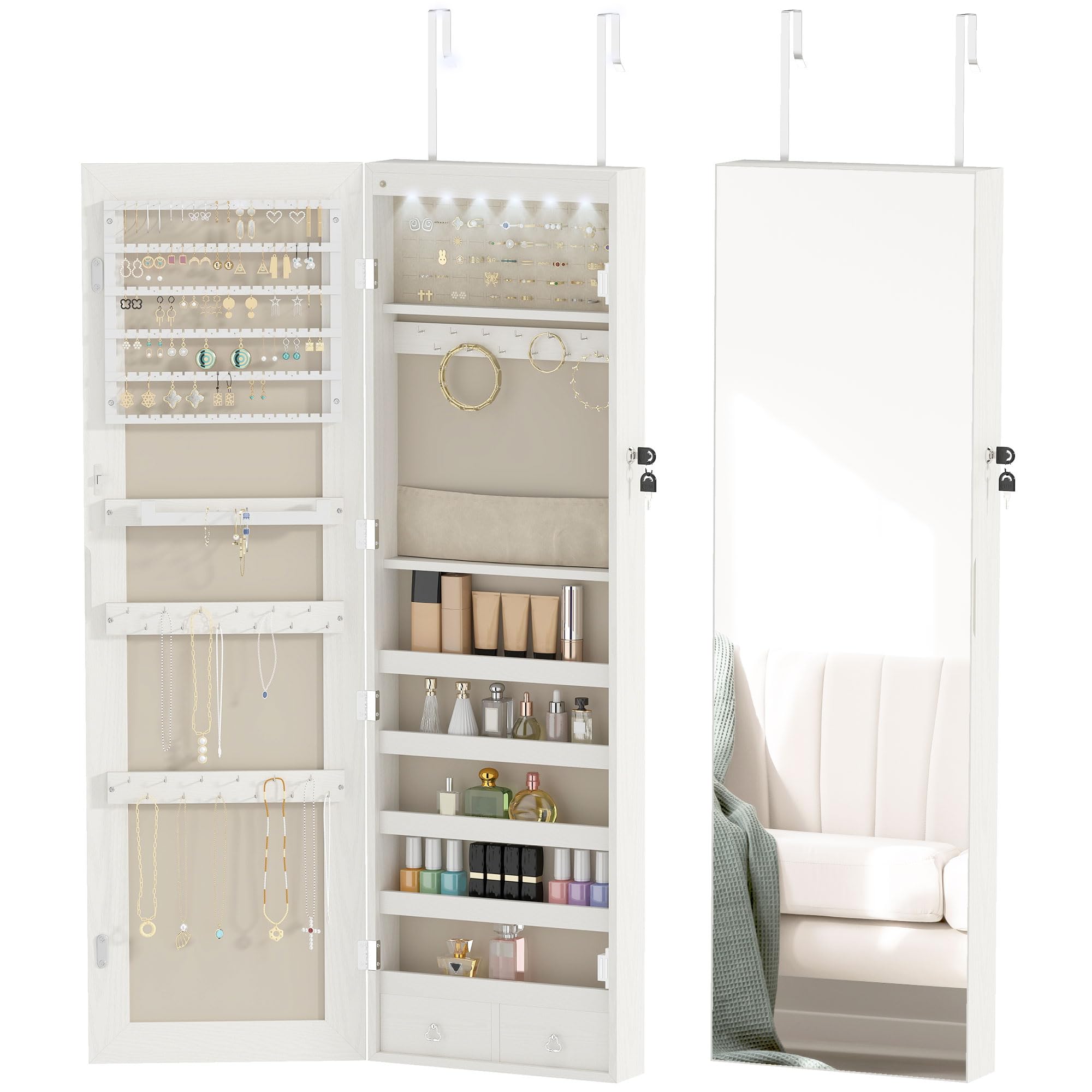 HOMCOM Espejo Joyero con 6 Luces LED, Armario para Joyas con Cerradura, Espejo Entero sin Marco, Blanco