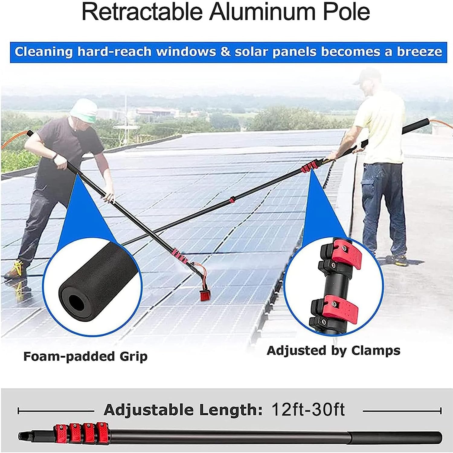 Teles - Kit de barra de limpieza de ventanas de 3,6 11 m, cepillo extensible para techos altos y conserva, herramienta de limpieza profesional de 24 pies para un fácil alcance y brillo sin rayas