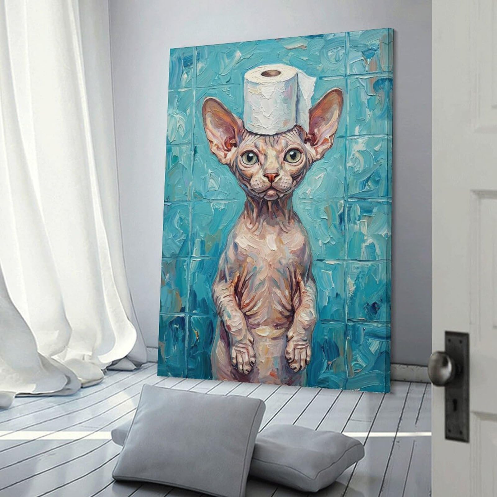 Junmoney Frame-Style-17 Hanging Wall Art Sphynx Cat With Toilet Paper Hat, 24X36inch(60X90cm), For Entryway, Lounge Links Or Small Walls, A Neat Decor Update For Hallways