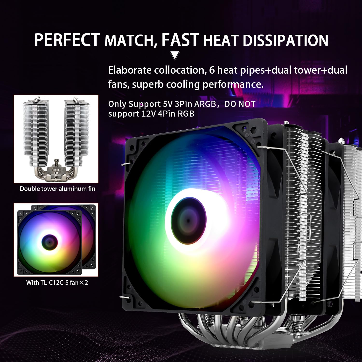 TR -Peerless Assassin 120 SE ARGB CPU Air Cooler, 6 tubi di calore Dual Towers Cooler, con doppia ventola PWM TL-C12C-S, velocità 1550RPM, raffreddamento PC desktop per Intel LGA 1700/1150/1151/1200
