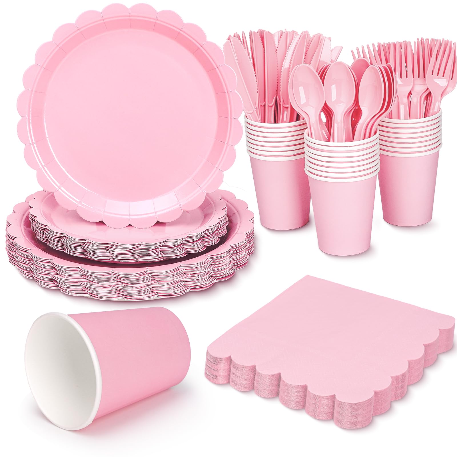168 Pcs Pink Paper Plates and Napkins, Light Pink Party Supplies Include Scalloped Plate Napkins Cups Forks Knives Disposable Plastic Cutlery for Xmas Dinner Plates Table Decorations