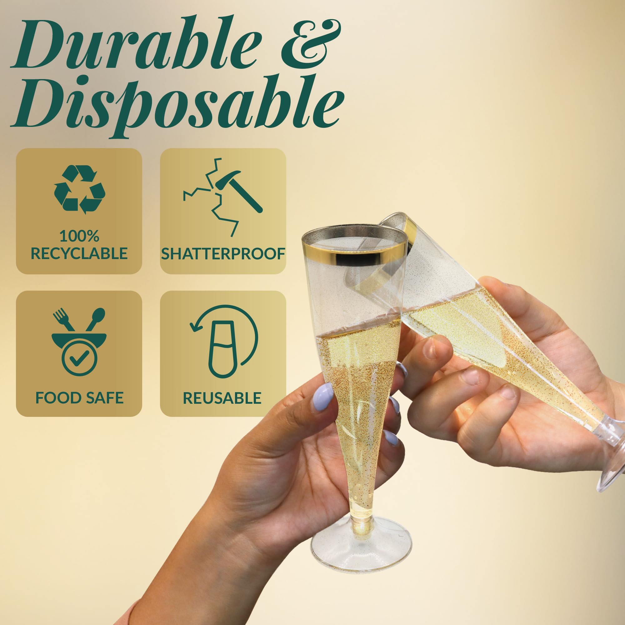 Reli. Copas de champán de plástico (paquete de 50, 4.5 onzas), borde dorado y purpurina, copas de champán desechables para champán, mimosa, cóctel, boda, copas de champán de plástico sin BPA