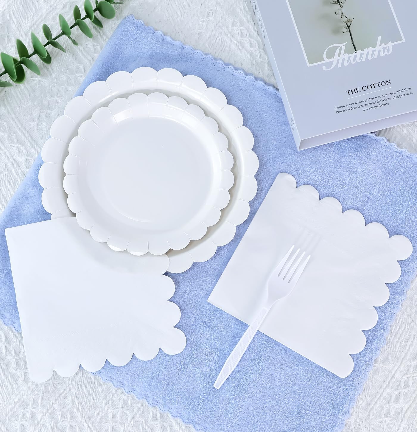 96 Pcs White Plates and Napkins Party Supplies Serve 24 Guests Including White Scalloped Paper Plates and Napkins Plastic Forks for Baby Shower Birthday Party Disposable Dinnerware Set - Image 4