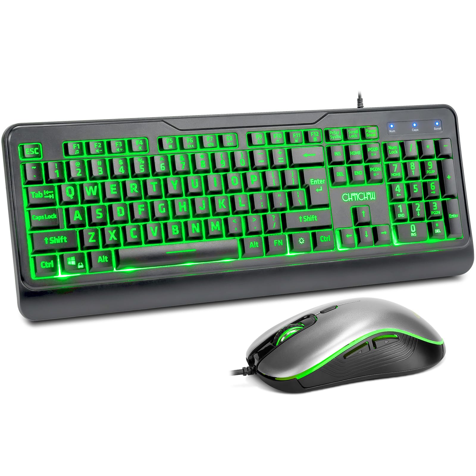 CHONCHOW Wired Keyboard and Mouse Combo with Large Print, Red-Green-Yellow Light Up, Quiet Keys for Office Work or Gaming, RGB Mouse, USB Big Letter Keyboard with Mice for PC Mac Laptop Computer-Black
