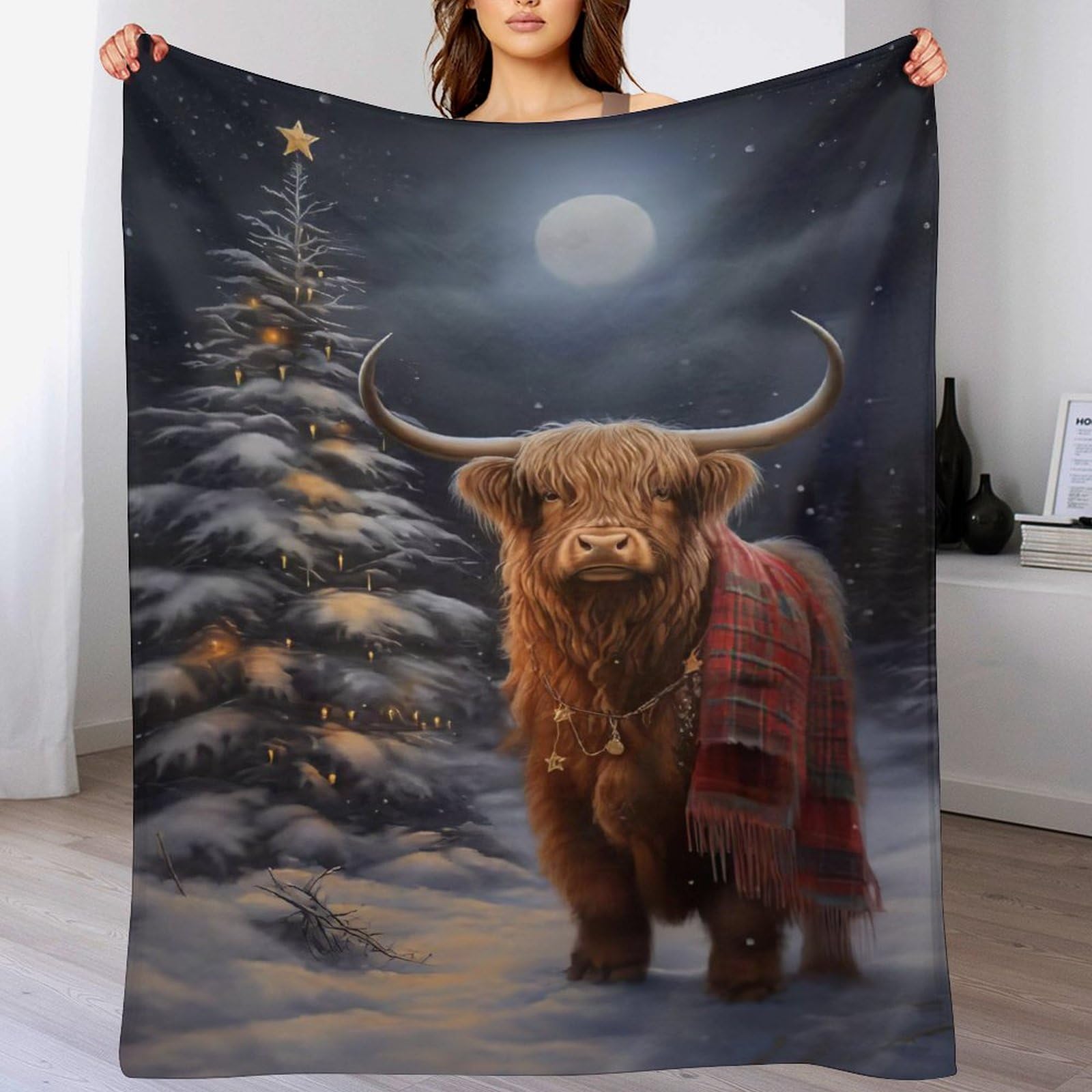 Ggjjtt Boys Highland Cow Xmas Fleece Blanket Throw, Machine Washable Flannel Plush Throw Blanket For Bed Couch Sofa Chair, For Kids Girls, 180×200Cm