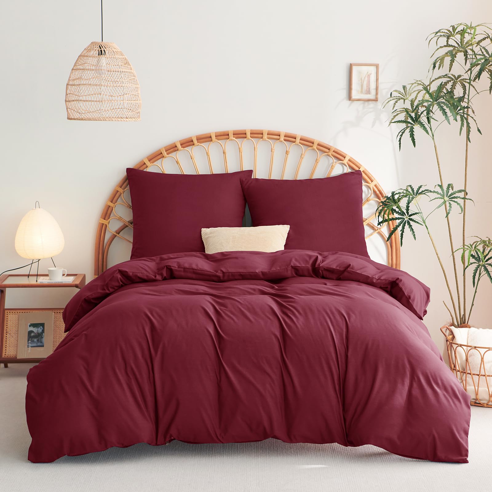 WAVVE Set Biancheria da Letto 155 x 220 cm, 3 Pezzi, Rosso Vinaccia - Copripiumino e 2 Federe 80 x 80 cm in Microfibra Con Chiusura Lampo