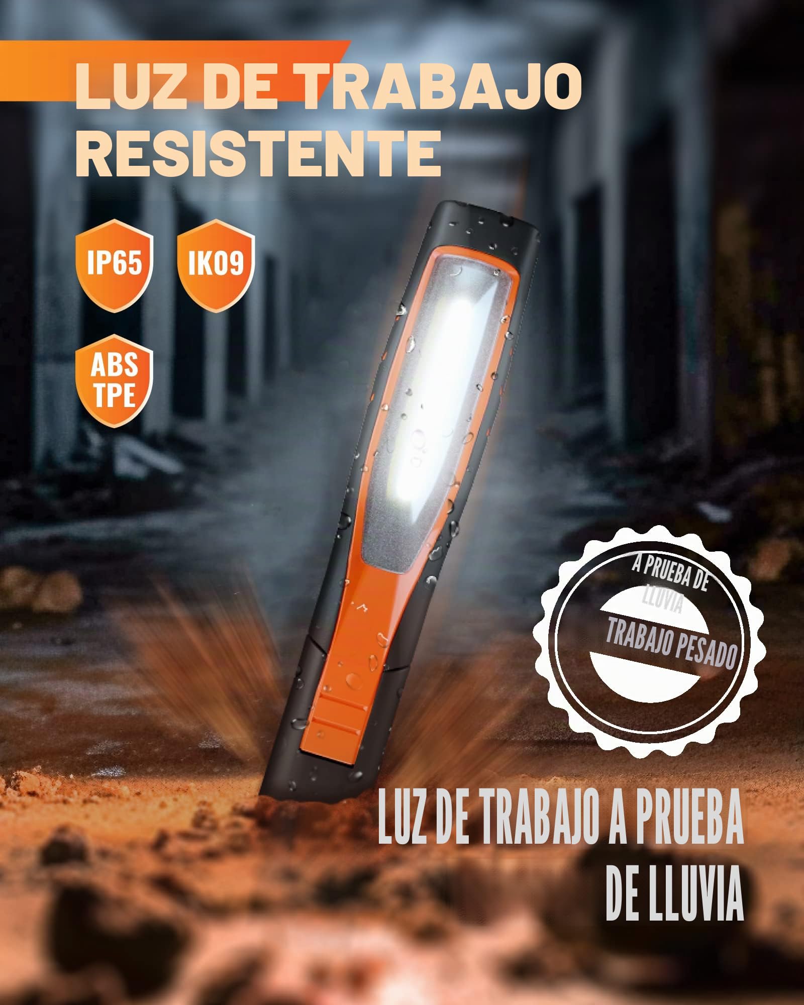 ENUOTEK Lámpara Linterna de Trabajo de Mano Taller | IP65, COB LED 7W, Recargable Portátil, Batería de Litio 2600mAh, Imanes Potentes y Dos Ganchos