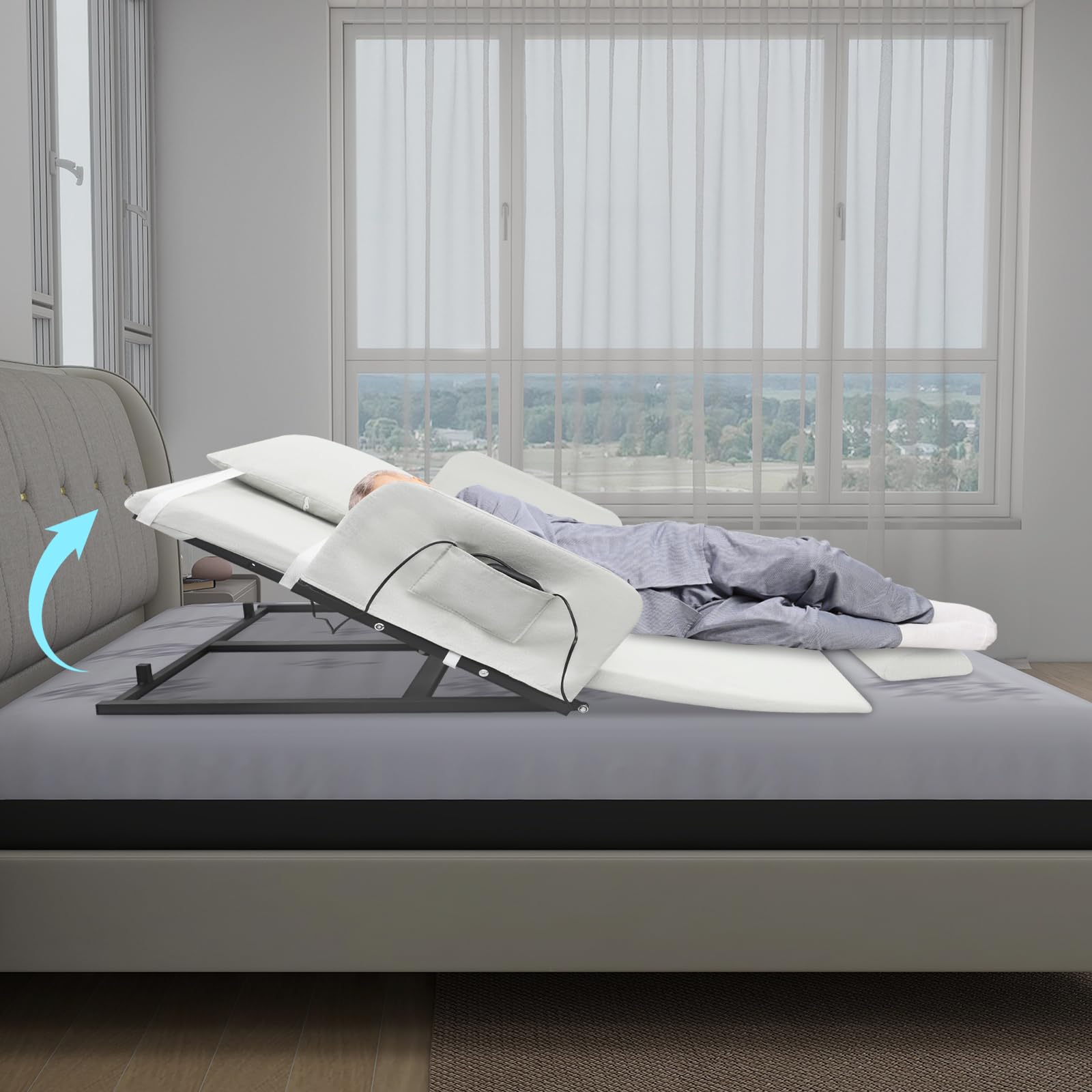Elektrisches Bettgestell 10-80° Verstellbarer Elektrisch Rückenlehne mit Kissen, Geländer, Beinruhe, Fernbedienung, 120 * 97 * 73cm Elektrische Bett Rückenlehne für Doppelbetten, Tatamimatten (Weiß)