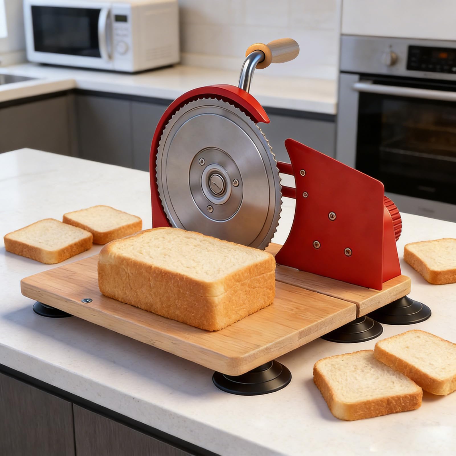 Luocute Manueller Brotschneider, Edelstahlklingen mit Einstellbarer Dicke für Gleichmäßiges Schneiden, mit Ergonomischem Griff für Sauerteig-Sandwiches, Toastbrot, Aufbewahrung von (Rot)