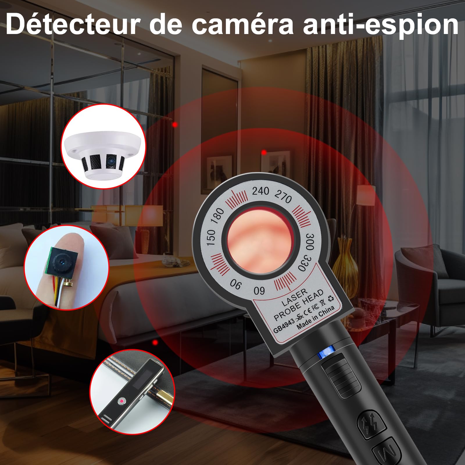 Détecteur de Caméra Anti Espion, Détecteur de Micro Caméra Cachée, Détecteur RF/Bug sans Fil, Scanner GPS Tracker Détecter GSM avec 12 Niveaux de Sensibilité pour Bureau/Hôtels