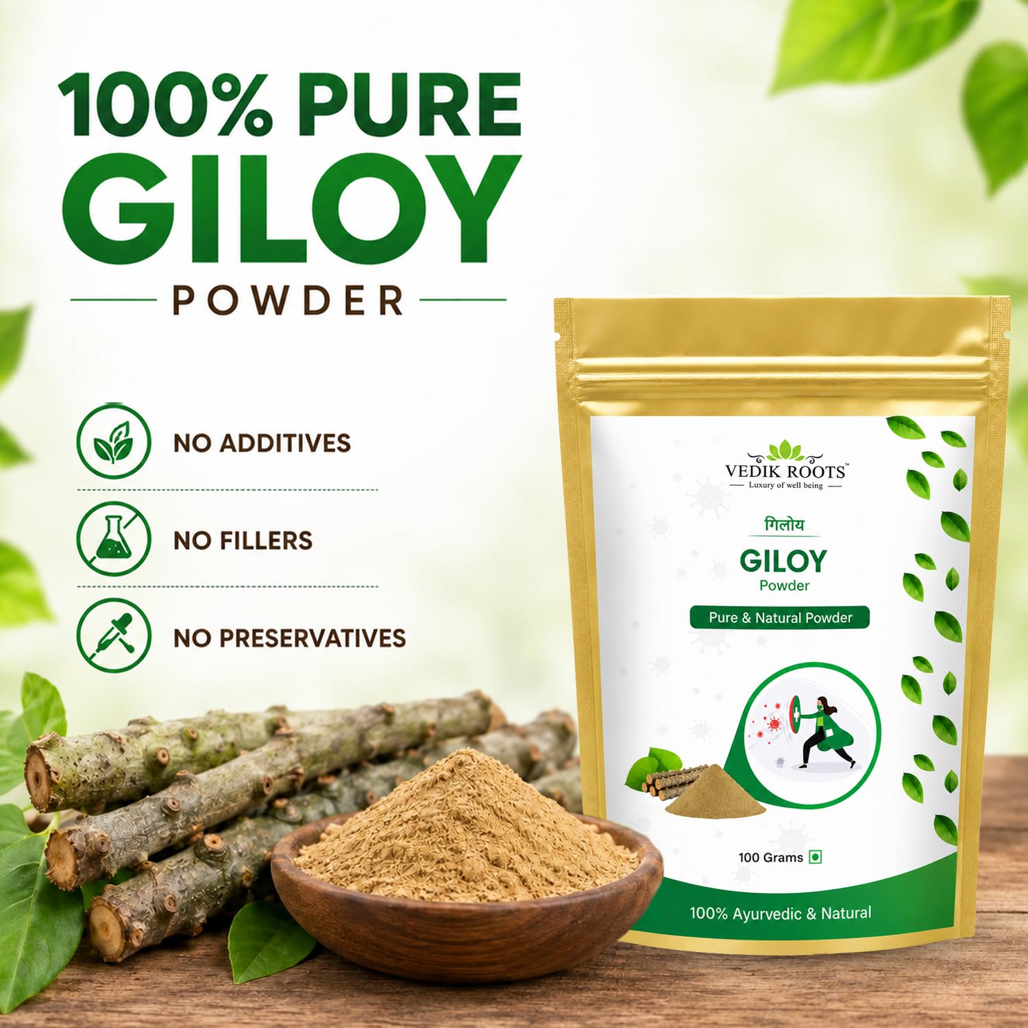 Giloy Pulver – Reiner Extrakt – stärkt Immunität und bekämpft Krankheiten, 100 g (3 Stück)