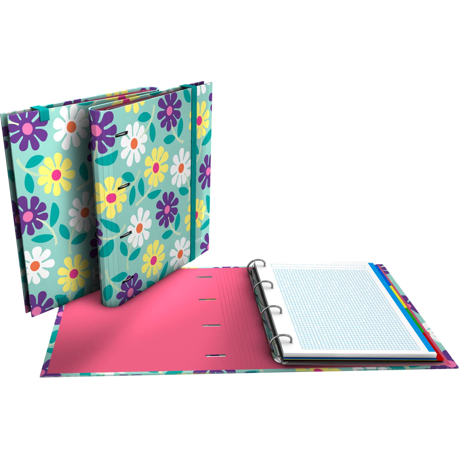 Grafopls | 4 Ring Binder with Refill | A4 | includes 100 Grid Sheets 5 x 5 | Dividers | Transparent Envelope | Elena Corredoira | Flowers | Carpebook | FSC