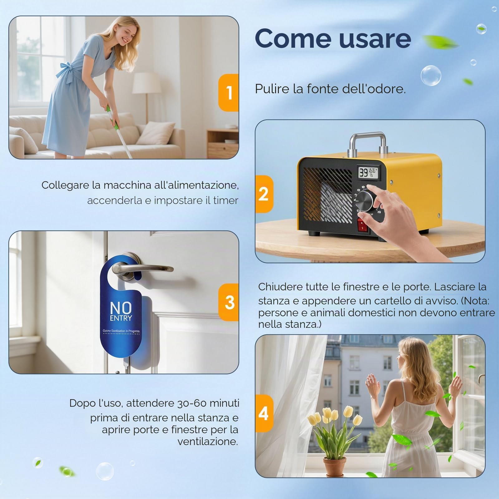 Generatore di ozono 60000 mg/h, purificatore d'aria con ozono per 320 m², con timer da 120 minuti e termoigrometro, ideale per eliminare odori come fumo, animali domestici, cucina (versione base)