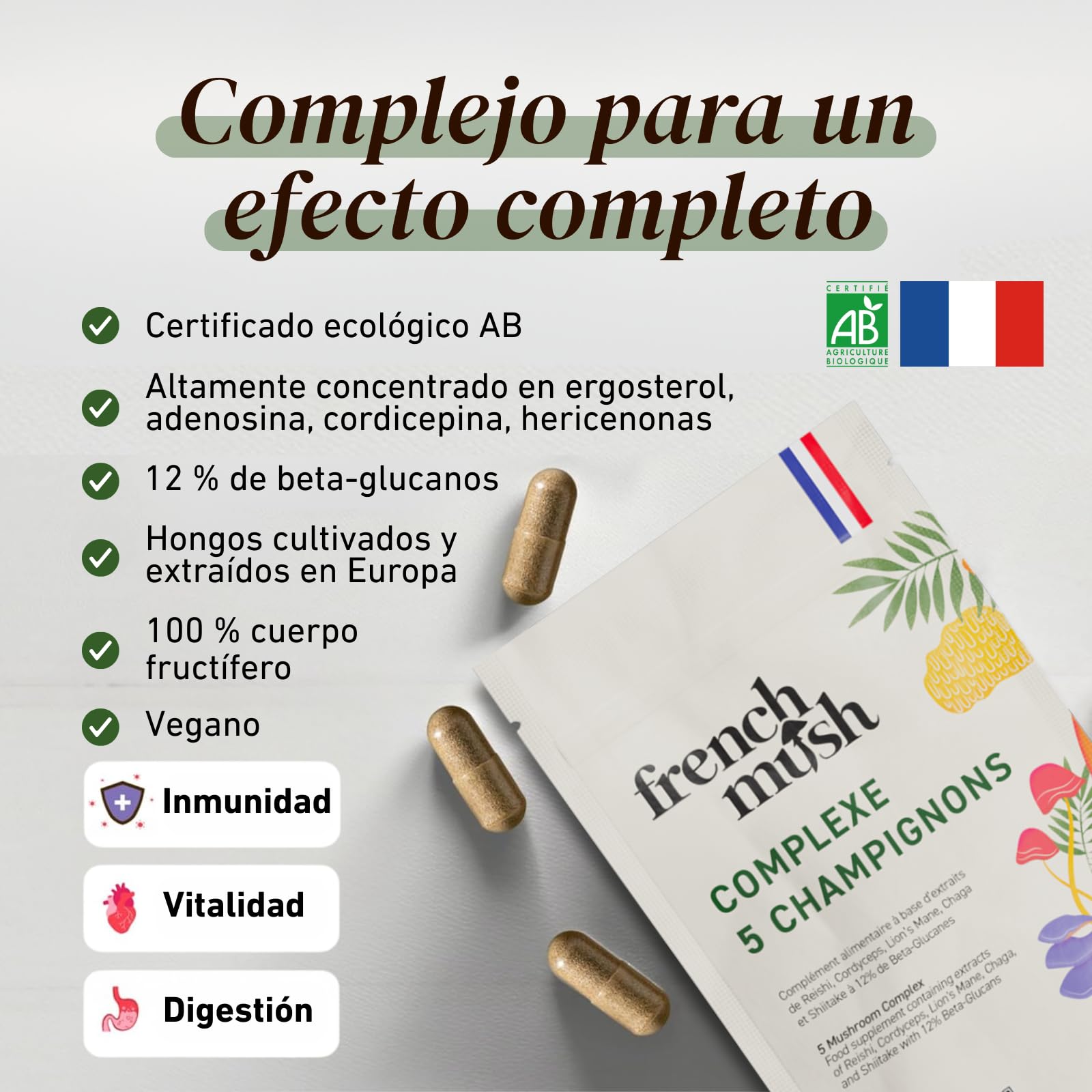 French Mush Complejo 5 Hongos Bio - 168 Cápsulas Veganas | Bienestar, Vitalidad y Digestión, Shiitake, Melena de León, Reishi, Cordyceps, Chaga, Fabricado en Francia