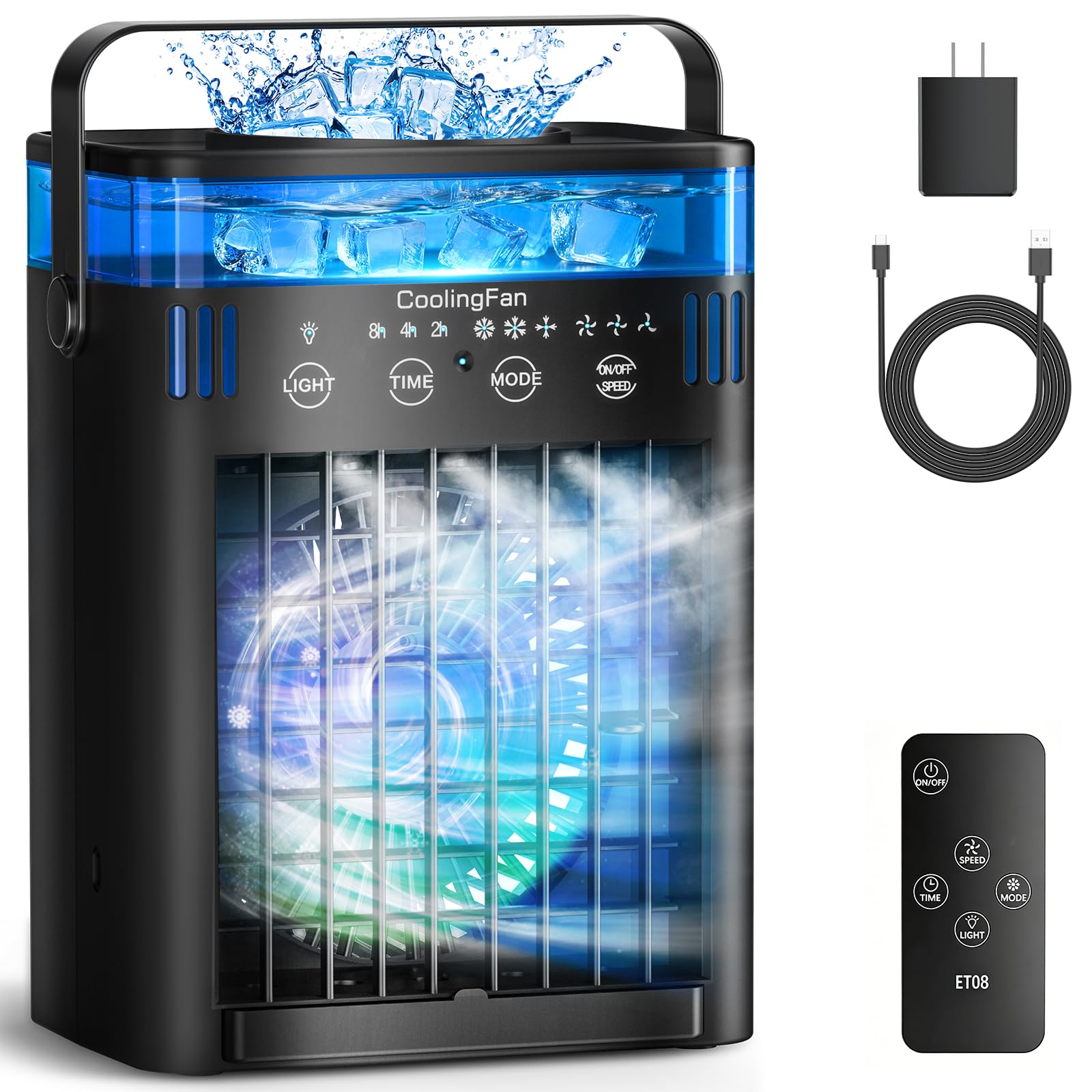 Portable Air Conditioner, Mini Air Conditioner Portable Cooling Fan with Remote Control, 3 Wind Speed & 3 Mist Level & 2-8H Timer & 7 LED Light Evaporative Air Cooler for Home Offi image 1