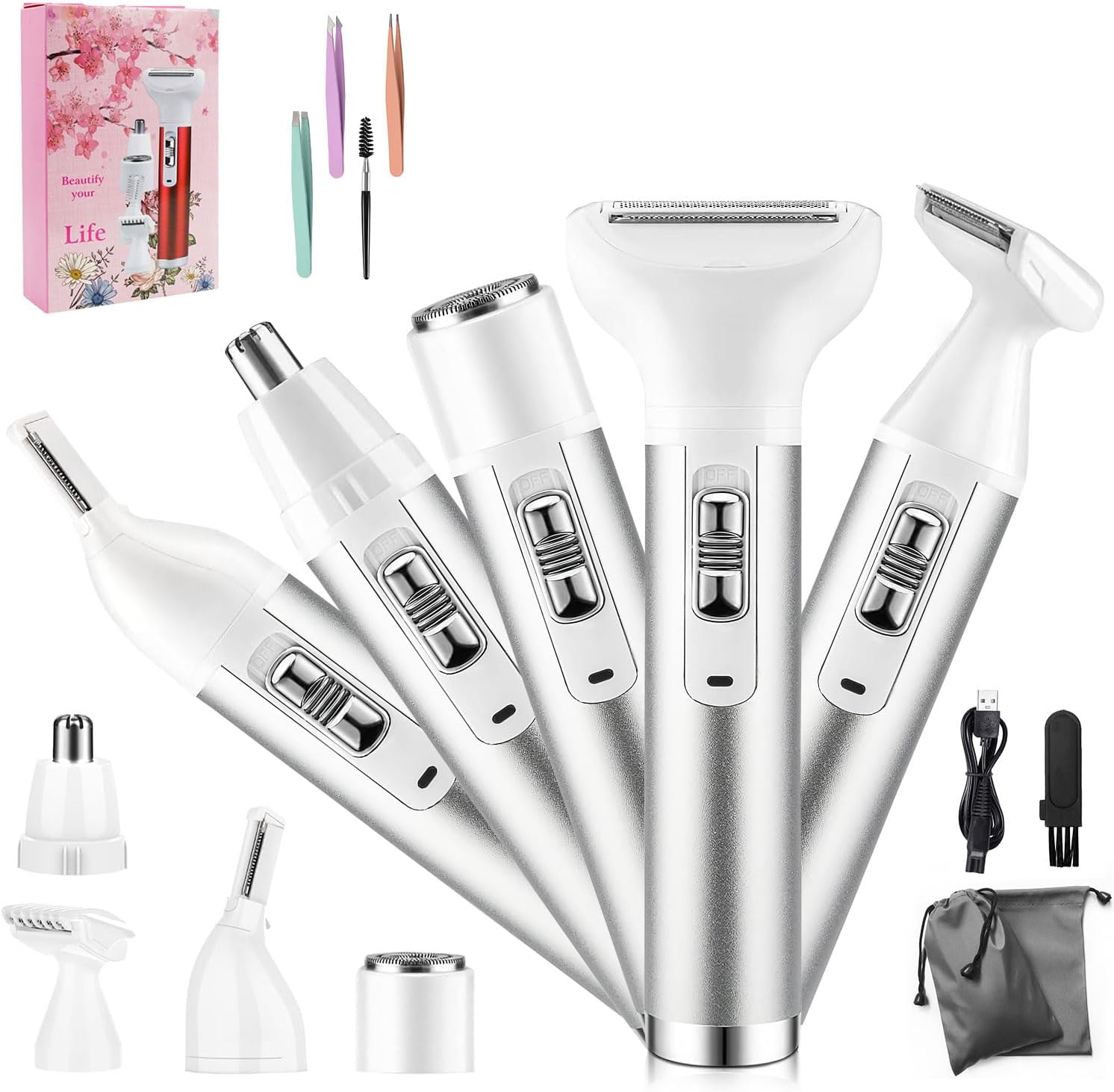 5-in-1 Lady Shaver, Electric Razor for Women - Fresion Cordless Electric Face shavers, Ladies Razors, Eyebrow Trimmer, Painless and Portable Bikini Trimmer, Wet & Dry Hair Removal for Legs/Underarm