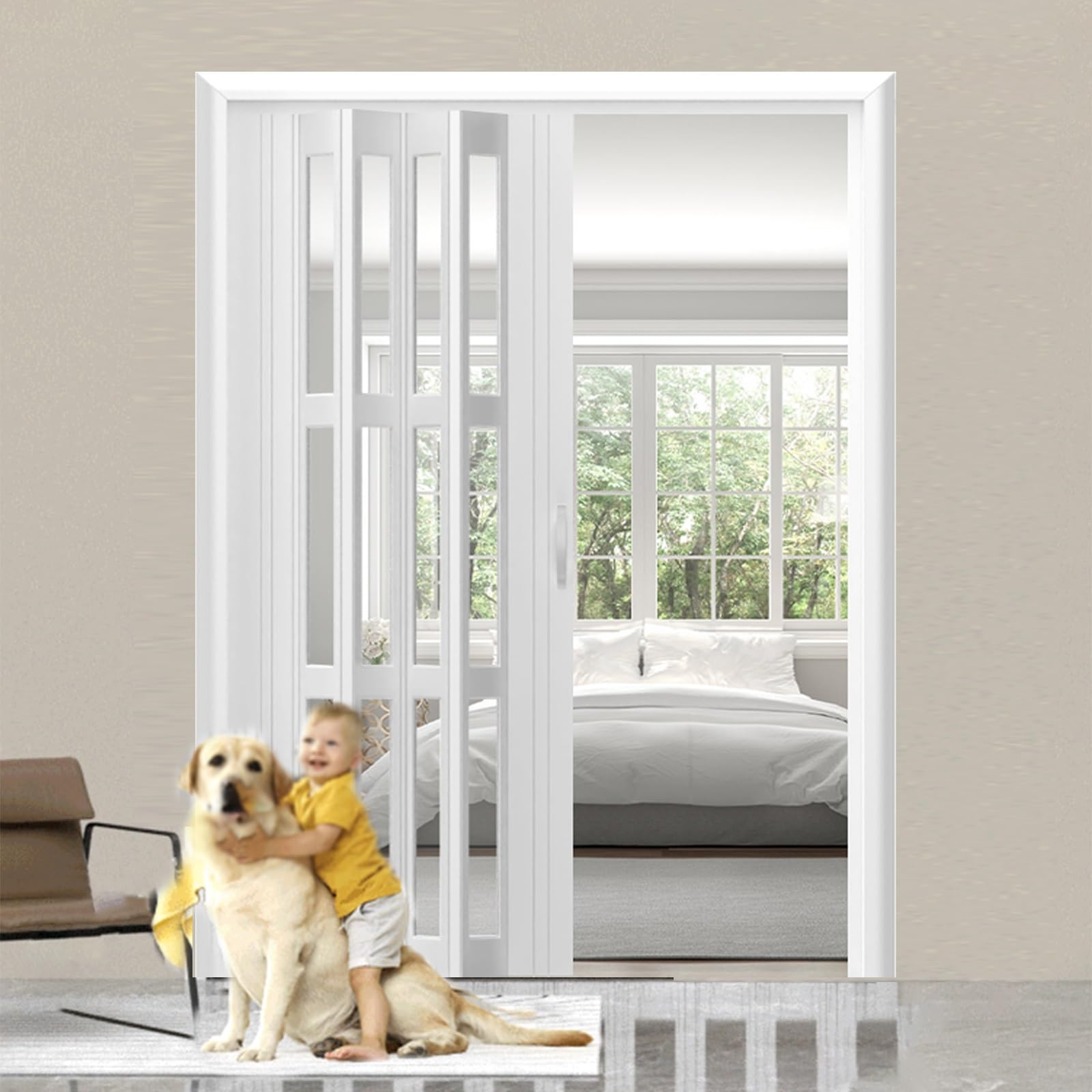 Portes coulissantes pliantes à deux volets avec poignées et verre acrylique, design moderne pour la maison et le bureau